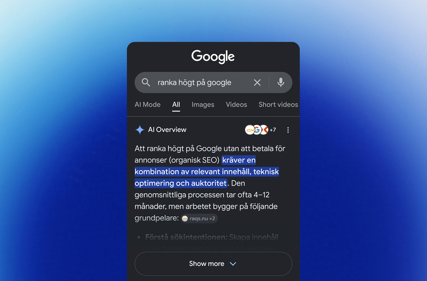 Mockup av AI overview om hur man rankar högt på Google med hjälp av SEO
